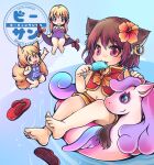  3girls :3 :d animal_ears blonde_hair brown_hair cat_ears chen dress eating feet flower food fox_ears fox_tail gap_(touhou) hair_flower hair_ornament hanabi_(karintou15) hibiscus holding jewelry long_hair looking_at_viewer midriff multiple_girls multiple_tails navel no_hat no_headwear open_mouth orange_flower pink_eyes popsicle purple_dress purple_eyes short_hair single_earring sitting smile tabard tail toes touhou yakumo_ran yakumo_yukari yellow_eyes younger 