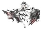  1girl abyssal_ship claws colored_skin dress drill_hair flower flower_armlet full_body kantai_collection monster_girl new_light_cruiser_princess official_art red_eyes tiara transparent_background turret twintails ugume white_dress white_hair white_skin wire 