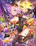  1girl bat_wings black_gloves blue_eyes boots breasts candy demon_tail falkyrie_no_monshou food full_moon glasses gloves halloween halloween_costume hanasaki_mahiru hat high_heel_boots high_heels large_breasts looking_at_viewer moon muffin_(falkyrie_no_monshou) night night_sky official_art one_eye_closed open_mouth orange_ribbon pink_hair ribbon sky tail wings 