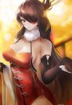  1girl bare_shoulders beidou_(genshin_impact) black_gloves blurry blurry_background breasts brown_eyelashes brown_hair chinese_clothes cleavage closed_mouth dress earrings elbow_gloves english_commentary eyepatch genshin_impact gloves hair_ornament hair_over_one_eye hair_stick hairpin highres holding_hand jewelry large_breasts long_hair one_eye_covered orange_eyes red_dress red_eyepatch redrawn side_slit solo thighs tommy_(kingdukeee) 