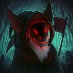 1:1 2018 ambiguous_gender anthro black_clothing cemetery cloak clothed clothing death_(personification) detailed_background digital_media_(artwork) fluffy forest fur furgonomics glowing graveyard grim_reaper hood machine melee_weapon mylafox night outside plant polearm protogen red_eyes scythe solo tombstone tree visor weapon white_body white_fur 