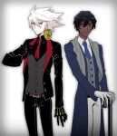  2boys arjuna_(fate) black_hair colored_skin dark-skinned_male dark_skin earrings fate/grand_order fate_(series) formal gloves gurekoguriko highres jewelry karna_(fate) long_coat multiple_boys necktie scarf single_earring smile suit white_hair white_skin 