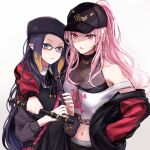  2girls baseball_cap beret crop_top dress glaring glasses hand_in_pocket hat holding holding_instrument hololive hololive_english instrument jacket looking_at_viewer midriff mori_calliope multiple_girls ninomae_ina&#039;nis off_shoulder official_alternate_costume pink_eyes pink_hair ponytail purple_hair recorder simple_background v-shaped_eyebrows virtual_youtuber white_background yuuyu_(777) 