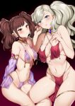  2girls atlus blonde_hair blue_eyes blush breasts brown_eyes brown_hair commission harem_outfit highres kujikawa_rise long_hair looking_at_viewer medium_breasts multiple_girls navel no_panties pelvic_curtain persona persona_4 persona_5 raiou revealing_clothes shiny shiny_hair sitting skeb_commission skindentation takamaki_anne twintails 