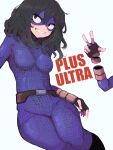  1girl absurdres belt black_eyes black_hair bodysuit boku_no_hero_academia breasts commentary_request fingerless_gloves gloves grin hair_between_eyes highres looking_to_the_side mask purple_bodysuit smile solo taipe_pepe tokage_setsuna w 