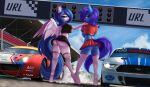  anthro bottomwear butt car clothing duo equid equine female female/female ferrari footwear ford ford_mustang hasbro hi_res horn horse looking_at_viewer mammal my_little_pony pegasus pony pony-way race_track skirt socks underwear unicorn vehicle wings 