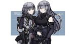  2girls absurdres ak-15_(girls_frontline) arm_up bangs braid breasts character_name closed_mouth cowboy_shot creepy_himecchi expressionless eyebrows_visible_through_hair girls_frontline gloves hair_over_one_eye highres jacket long_hair looking_at_viewer multiple_girls navel purple_eyes rpk-16_(girls_frontline) short_hair silver_hair smile weapon white_background 