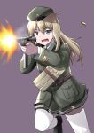  1girl beret beretta_model_38 beretta_model_38_(girls_frontline) blonde_hair blue_eyes breasts cartridge casing_ejection eyebrows_visible_through_hair firing girls_frontline green_headwear green_jacket green_skirt gun hair_between_eyes hat highres holding holding_gun holding_weapon jacket ki-51_(ampullaria) magazine_(weapon) military military_uniform muzzle_flash open_mouth pocket pouch purple_background running shell_casing skirt small_breasts solo submachine_gun thighhighs uniform weapon white_legwear 