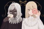  2girls ahoge black_background blonde_hair brown_dress closed_mouth commentary dark-skinned_female dark_skin donguri_hello doughnut dress eating food hair_intakes hand_up holding holding_food jitome lace long_hair long_sleeves looking_at_viewer medium_hair multiple_girls one_eye_covered original ribbon simple_background smile straight-on symbol_commentary upper_body v-shaped_eyebrows white_dress white_eyes white_hair yellow_eyes yellow_ribbon 