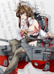  1girl absurdres ahoge akito_(sub707) ammunition bangs boots breast_slip breasts brown_hair brown_hakama cannon cut-away detached_sleeves double_bun english_text hakama hakama_skirt headgear highres japanese_clothes kantai_collection kongou_(kancolle) large_breasts long_hair machinery nontraditional_miko one_breast_out one_eye_closed purple_eyes remodel_(kantai_collection) ribbon-trimmed_sleeves ribbon_trim rigging rudder_footwear solo thigh_boots thighhighs tongue tongue_out torpedo_launcher turret 