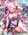 1girl :d bare_shoulders beer_mug black_ribbon blue_eyes breasts churrasco confetti crying cup dress falkyrie_no_monshou festival frilled_dress frills glasses large_breasts long_hair mismatched_legwear muffin_(falkyrie_no_monshou) mug official_art one_eye_closed open_mouth pink_hair pink_ribbon ribbon sitting smile thighhighs wet 
