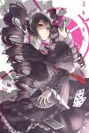  1girl bad_id bad_pixiv_id black_hair black_jacket black_nails bonnet card celestia_ludenberg closed_mouth criin danganronpa:_trigger_happy_havoc danganronpa_(series) drill_hair frilled_sleeves frills gothic_lolita highres holding holding_card jacket lolita_fashion long_hair long_sleeves looking_at_viewer nail_polish necktie red_eyes red_neckwear smile solo twin_drills 