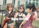  3girls bang_dream! black_blouse black_pants black_ribbon black_sweater blouse blue_eyes blurry blurry_background blurry_foreground brown_hair chinese_commentary closed_eyes closed_mouth commentary_request copyright_name dutch_angle electric_guitar esp_guitars guitar hair_ornament hanazono_tae holding holding_instrument holding_microphone instrument liangzi_tai_hongcha long_hair long_sleeves medium_hair microphone microphone_stand multiple_girls music neck_ribbon open_mouth outdoors pants pink_shirt playing_instrument pleated_skirt ribbon shirt short_sleeves singing skirt sleeves_rolled_up smile star_(symbol) star_hair_ornament sweater teeth toyama_kasumi upper_teeth ushigome_rimi white_shirt white_skirt 