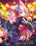  1girl blue_eyes blue_kimono breasts falkyrie_no_monshou festival flower glasses hair_flower hair_ornament japanese_clothes kimono large_breasts looking_at_viewer muffin_(falkyrie_no_monshou) night night_sky official_art paintbrush painting pink_hair sky yukata 