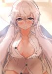  1girl absurdres blush breasts closed_mouth collarbone commentary_request eyebrows_visible_through_hair girls_frontline highres long_hair looking_at_viewer medium_breasts muteppona_hito shirt silver_hair simple_background solo svd_(girls_frontline) sweat white_shirt yellow_eyes 
