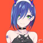  1girl absurdres bangs black_choker black_gloves blue_eyeshadow blue_hair choker closed_mouth collarbone darling_in_the_franxx eyebrows_behind_hair eyeshadow gloves green_eyes hair_ornament hair_over_one_eye hairband hairclip hands_together hands_up highres horns ichigo_(darling_in_the_franxx) makeup nude orange_background own_hands_together short_hair signature simple_background smile solo upper_body white_hairband yuuta_(yuuta0312) 