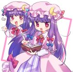  1girl bangs blue_bow blunt_bangs blush book bow cookie_(touhou) cowboy_shot crescent crescent_hat_ornament dress eyebrows_visible_through_hair hair_bow hat hat_ornament long_hair long_sleeves looking_at_viewer mob_cap multi-tied_hair nyon_(cookie) open_mouth patchouli_knowledge pink_capelet purple_dress purple_hair purple_headwear red_bow red_eyes simple_background striped striped_dress touhou vertical-striped_dress vertical_stripes white_background xox_xxxxxx 