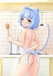  1girl absurdres ahoge animal_ears apron ass atlanta_(warship_girls_r) blue_hair breasts cat_ears cat_tail highres indoors kitchen naked_apron pot short_hair small_breasts solo standing tail warship_girls_r white_apron william.b yellow_eyes 