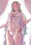  1girl bikini blush breasts cape circlet cleavage closed_mouth commentary cowboy_shot curtains fire_emblem fire_emblem:_three_houses flower green_eyes green_hair hair_flower hair_ornament highres ikarin large_breasts long_hair navel rhea_(fire_emblem) simple_background solo swimsuit white_background white_bikini white_cape white_flower 