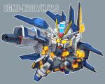  chibi clenched_hand funnels glowing glowing_eyes glowing_hands grey_background gun gundam gundam_seed gundam_seed_destiny holding holding_gun holding_weapon mecha mobile_suit no_humans science_fiction solo strike_freedom_gundam susagane v-fin weapon yellow_eyes 