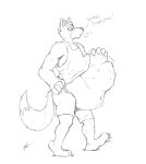  anthro belly bulge canid canine canis clothed clothing couple_(disambiguation) dialogue duo fox fox_mccloud hi_res husband huttsergreywolf male male/male mammal monochrome nintendo same_size_vore star_fox video_games vore wolf wolf_o&#039;donnell 
