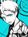  1boy ahoge alternate_eye_color aqua_background bangs blue_eyes close-up collared_shirt commentary_request danganronpa_(series) danganronpa_2:_goodbye_despair face highres hinata_hajime hitoto index_finger_raised looking_at_viewer lower_teeth male_focus necktie open_mouth pointing pointing_at_viewer shirt short_hair simple_background solo spot_color upper_body 