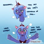  1:1 black_tiara blue_hair blush bodily_fluids cold-blooded-twilight crown dialogue english_text equid equine female friendship_is_magic green_eyes hair hasbro hi_res hooves horn horse humor looking_at_viewer mammal meme my_little_pony open_mouth outstretched_arms pogchamp pony princess_luna_(mlp) purple_body purple_horn purple_skin signature solo sweat talking_to_viewer text tiara ugh_fine_i_guess_you_are_my_little_pogchamp underhoof 