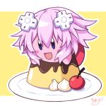  1boy binato_lulu blush cosplay food happy kirby kirby&#039;s_dream_land kirby_(series) multicolored_hair neptune_(neptune_series) neptune_(neptune_series)_(cosplay) neptune_(series) pink_hair pudding purple_hair short_hair smile solo streaked_hair 