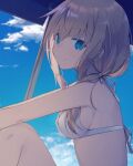  1girl bangs bikini blonde_hair blue_eyes blue_sky breasts cloud day eyebrows_visible_through_hair from_side looking_at_viewer looking_to_the_side medium_breasts nagishiro_mito original outdoors parasol sitting sky smile solo swimsuit umbrella white_bikini 