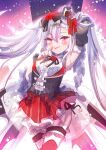  1girl alternate_costume azur_lane bangs blush breasts commentary_request dress eyebrows_visible_through_hair fang hair_between_eyes hair_ribbon highres idol ittokyu long_hair looking_at_viewer red_eyes ribbon silver_hair skirt small_breasts smile solo twintails vampire_(azur_lane) very_long_hair 