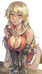  1girl absurdres black_gloves blonde_hair blush breasts cape cleavage commission commissioner_upload dress elbow_gloves fingerless_gloves fire_emblem fire_emblem:_the_binding_blade gloves highres igrene_(fire_emblem) kokuzou large_breasts leaning_forward long_hair looking_at_viewer mole mole_under_eye open_mouth red_dress skeb_commission solo yellow_eyes 
