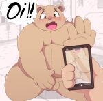  2021 anthro balls belly blush cellphone genitals hi_res humanoid_hands inigo_(kusosensei) kemono kusosensei male mammal overweight overweight_male phone smartphone solo_focus text ursid 