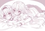  2girls alice_margatroid bangs bed_sheet blush bow eyebrows_visible_through_hair fang fingerless_gloves girl_on_top gloves hair_between_eyes hairband kirisame_marisa lying monochrome multiple_girls nanase_nao nose_blush on_stomach open_mouth puffy_short_sleeves puffy_sleeves shirt short_sleeves sweat touhou yuri 