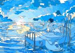  1girl absurdres bed bed_sheet blue_sky cloud highres hospital_bed intravenous_drip looking_away nara_lalana ocean original scenery short_hair sky sunset surreal tapir 