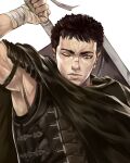  1boy absurdres armor bandaged_hands bandages berserk black_armor black_cape black_cloak black_hair brown_eyes cape cloak coreloart dragonslayer_(sword) expressionless guts_(berserk) highres huge_weapon lips looking_at_viewer male_focus manly miura_kentarou_(mangaka) one-eyed short_hair sword weapon weapon_on_back white_background 