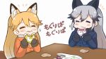  2girls animal_ears black_neckwear blue_jacket blush bow bowtie brown_fur brown_gloves brown_hair closed_eyes commentary_request eating extra_ears eyebrows_visible_through_hair ezo_red_fox_(kemono_friends) food fox_ears fox_girl fur_trim gloves grey_hair jacket japari_bun kemono_friends long_hair long_sleeves multicolored_hair multiple_girls necktie orange_hair orange_jacket orange_neckwear silver_fox_(kemono_friends) silver_hair tanaka_kusao translation_request white_neckwear 