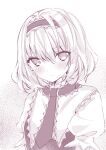  1girl alice_margatroid bangs blush closed_mouth dress eyebrows_visible_through_hair hair_between_eyes hairband looking_at_viewer monochrome nanase_nao puffy_short_sleeves puffy_sleeves short_sleeves solo touhou upper_body white_background 