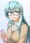  1girl absurdres akito_(sub707) bespectacled black-framed_eyewear blue_background blush breasts brown_sweater cellphone commentary_request glasses green_eyes green_hair hair_between_eyes highres holding holding_phone kantai_collection large_breasts long_hair looking_at_viewer phone shirt smartphone solo suzuya_(kancolle) sweatdrop sweater upper_body very_long_hair white_shirt 