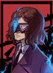  beard black_mask black_neckwear blue_fire brown_hair dress_shirt facial_hair fire formal glowing glowing_hair goatee hasegawa_zenkichi head_tilt highres ketrindarkdragon long_sleeves male_focus mask necktie open_mouth persona persona_5 persona_5_scramble:_the_phantom_strikers shirt simple_background suit teeth two-tone_background wavy_hair white_shirt 