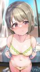  1girl asymmetrical_hair blue_shirt bob_cut bra breasts collarbone green_bra green_panties grey_hair indoors love_live! love_live!_nijigasaki_high_school_idol_club nakasu_kasumi navel open_clothes open_shirt panties red_eyes shiitake_taishi shirt short_hair small_breasts solo underwear 