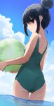  1girl ass ball black_hair blue_sky cloud day green_swimsuit hair_bun highres hiroki_(yyqw7151) holding holding_ball looking_at_viewer one-piece_swimsuit partially_submerged purple_eyes shima_rin short_hair sky solo swimsuit water yurucamp 