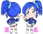  1girl aikatsu! aikatsu!_(series) akitsuki_itsuki blue_eyes blue_hair blue_jacket blush boots bow chibi closed_mouth footwear_bow hair_ornament hair_scrunchie hand_on_hip hand_up head_tilt index_finger_raised jacket kiriya_aoi looking_at_viewer miniskirt multiple_views one_side_up pleated_skirt scrunchie simple_background skirt smile white_background white_bow white_footwear white_skirt 