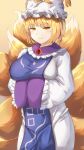  1girl animal_ears arms_under_breasts blonde_hair breasts commentary_request cowboy_shot dress fox_ears fox_tail hat highres large_breasts light_blush light_smile looking_at_viewer mirufui multiple_tails orange_background pillow_hat short_hair simple_background solo tabard tail touhou white_dress yakumo_ran yellow_eyes 