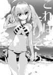  1girl ahoge akitsuki_itsuki ass_visible_through_thighs beach bikini breasts closed_mouth criss-cross_halter fate/grand_order fate_(series) greyscale halterneck hand_in_hair hand_up large_breasts looking_at_viewer monochrome nero_claudius_(fate)_(all) nero_claudius_(swimsuit_caster)_(fate) outdoors sky smile solo standing striped striped_bikini swimsuit thigh_gap twintails 