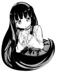  1girl akitsuki_itsuki bangs blunt_bangs choker copyright_request greyscale hands_up long_hair long_sleeves looking_at_viewer monochrome parted_lips shirt simple_background skirt solo upper_body very_long_hair white_background 