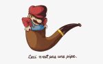  1boy bangs brown_hair facial_hair fine_art_parody french_text gloves grey_background hands_up hat la_trahison_des_images long_sleeves male_focus mario mario_(series) mustache parody philipp_urlich pipe red_headwear red_shirt shirt simple_background solo stuck swipe translated 