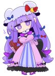  bangs blue_bow blunt_bangs book bow crescent crescent_hat_ornament crescent_pin double_bun dress frilled_sleeves frills hair_bow hat hat_ornament hat_ribbon high_heels highres long_dress long_hair long_sleeves mob_cap multi-tied_hair op_na_yarou patchouli_knowledge purple_bow purple_capelet purple_dress purple_eyes purple_footwear purple_hair purple_headwear red_bow red_ribbon ribbon striped striped_dress touhou very_long_hair 