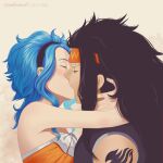  1boy 1girl absurdres annlu_vazzel arms_around_neck artist_name bangs bare_shoulders black_hair black_hairband blue_hair bow closed_eyes couple dated english_commentary fairy_tail from_side gajeel_redfox hairband headband hetero highres hug kiss levy_mcgarden long_hair nose_piercing orange_hairband piercing shoulder_tattoo tattoo twitter_username upper_body white_bow 