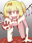  1girl abichandayo blonde_hair blood blood_on_face blood_splatter bloody_hands blush breasts commentary_request crystal fang flandre_scarlet looking_at_viewer nude open_mouth reaching_out red_eyes short_hair side_ponytail small_breasts smile touhou wings 