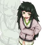  1girl akitsuki_itsuki bangs blunt_bangs cowboy_shot green_eyes green_hair grey_jacket hiyajou_maho jacket long_hair long_sleeves looking_at_viewer open_mouth solo steins;gate steins;gate_0 traditional_clothes very_long_hair zoom_layer 